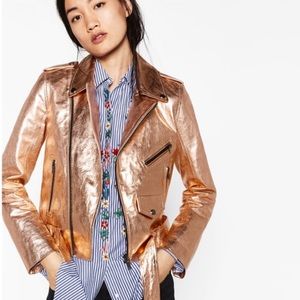 NWT Zara Rose Gold Genuine Leather Moto Jacket